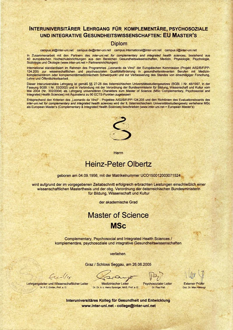 Zertifikat für Master of Science von Dr. H.P. Olbertz