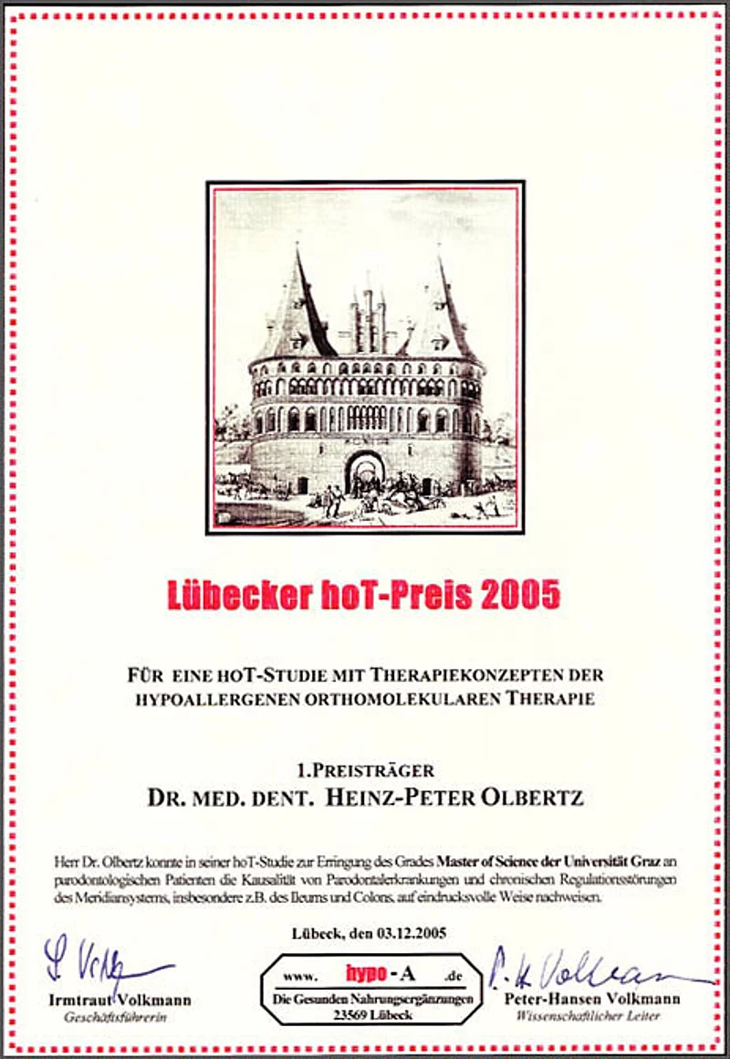 Zertifikat der Lübecker hoT-Preis 2005 von Dr. H.P. Olbertz