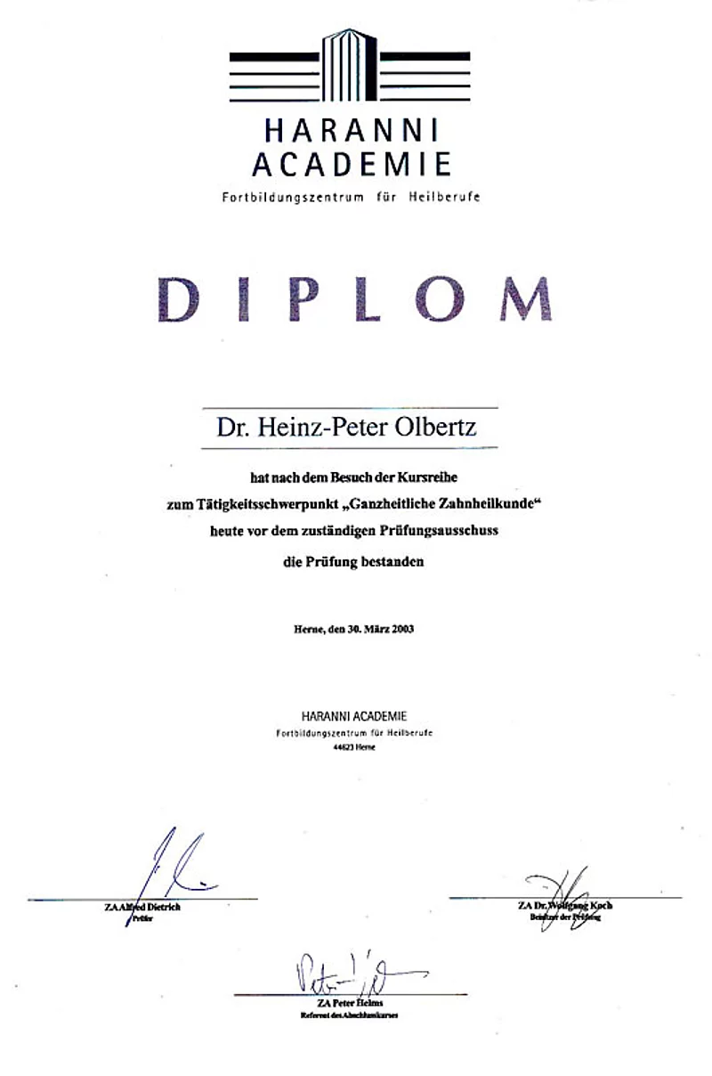 Diplom der Haranni Academie von Dr. H.P. Olbertz