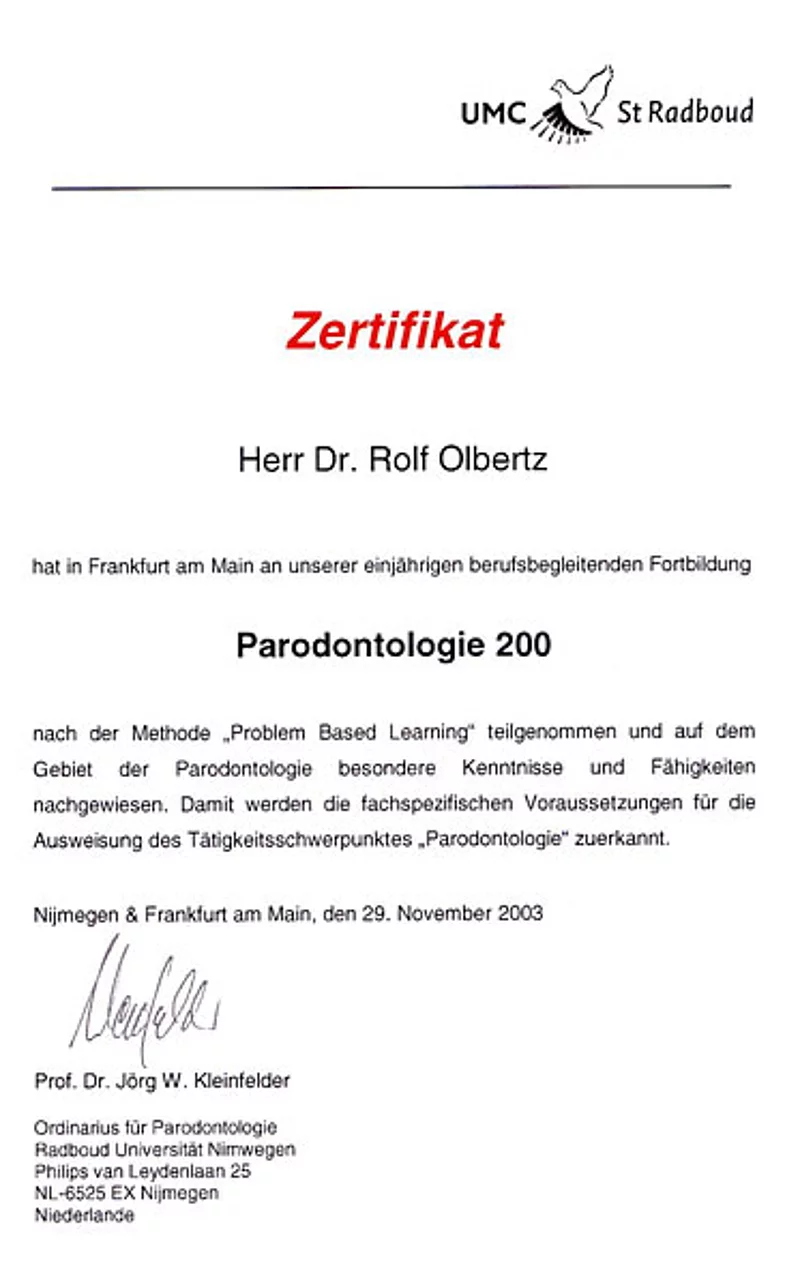 Zertifikat Parodontologie 200 von Dr. R. Olbertz