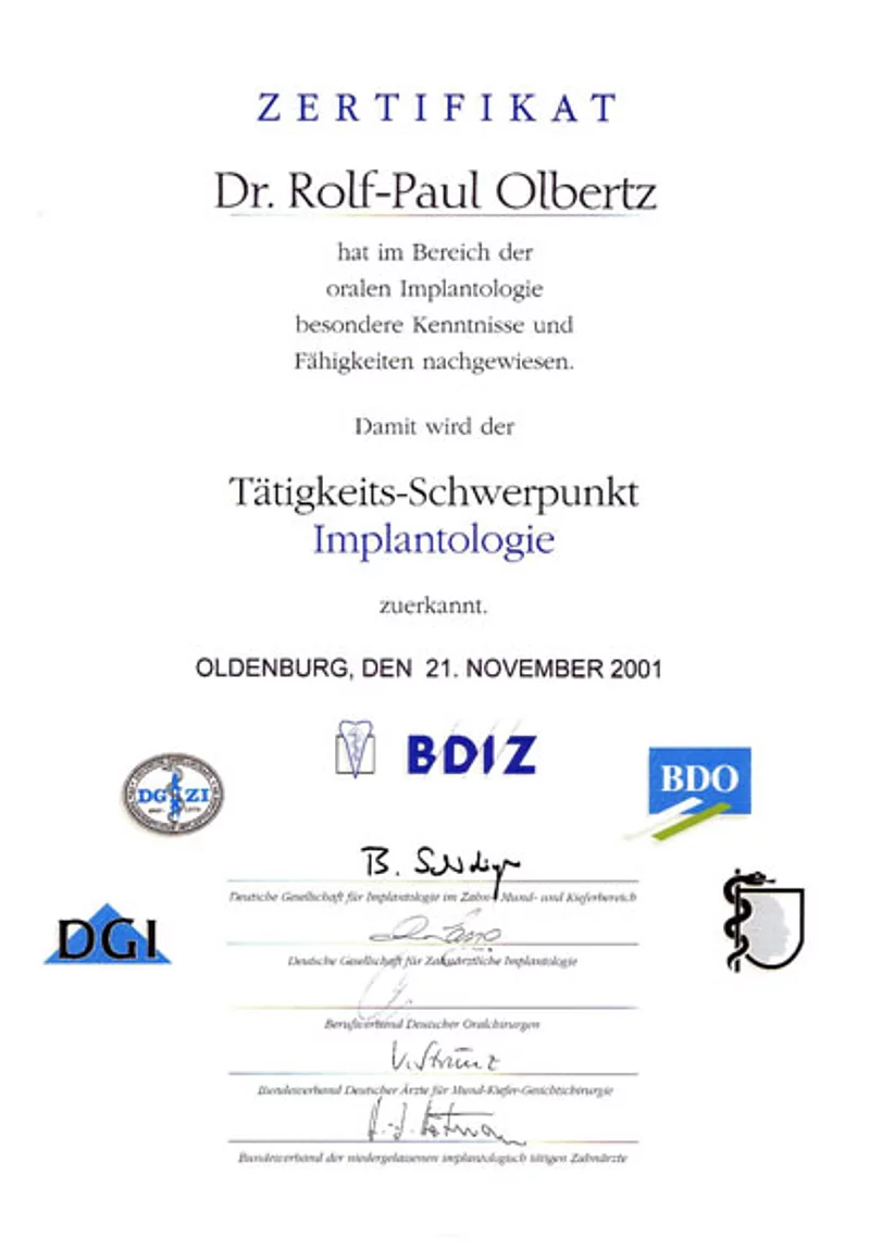 Zertifikat Tätigkeits-Schwerpunkt Implantologie von Dr. R. Olbertz